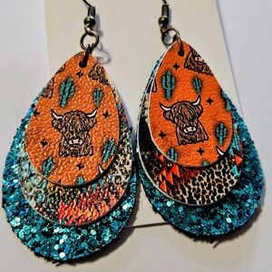 Teardrop Leather Earrings with Bull and Cactus Design